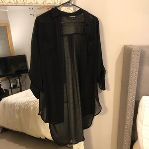 Express Sheer Extra Long Button Up Blouse